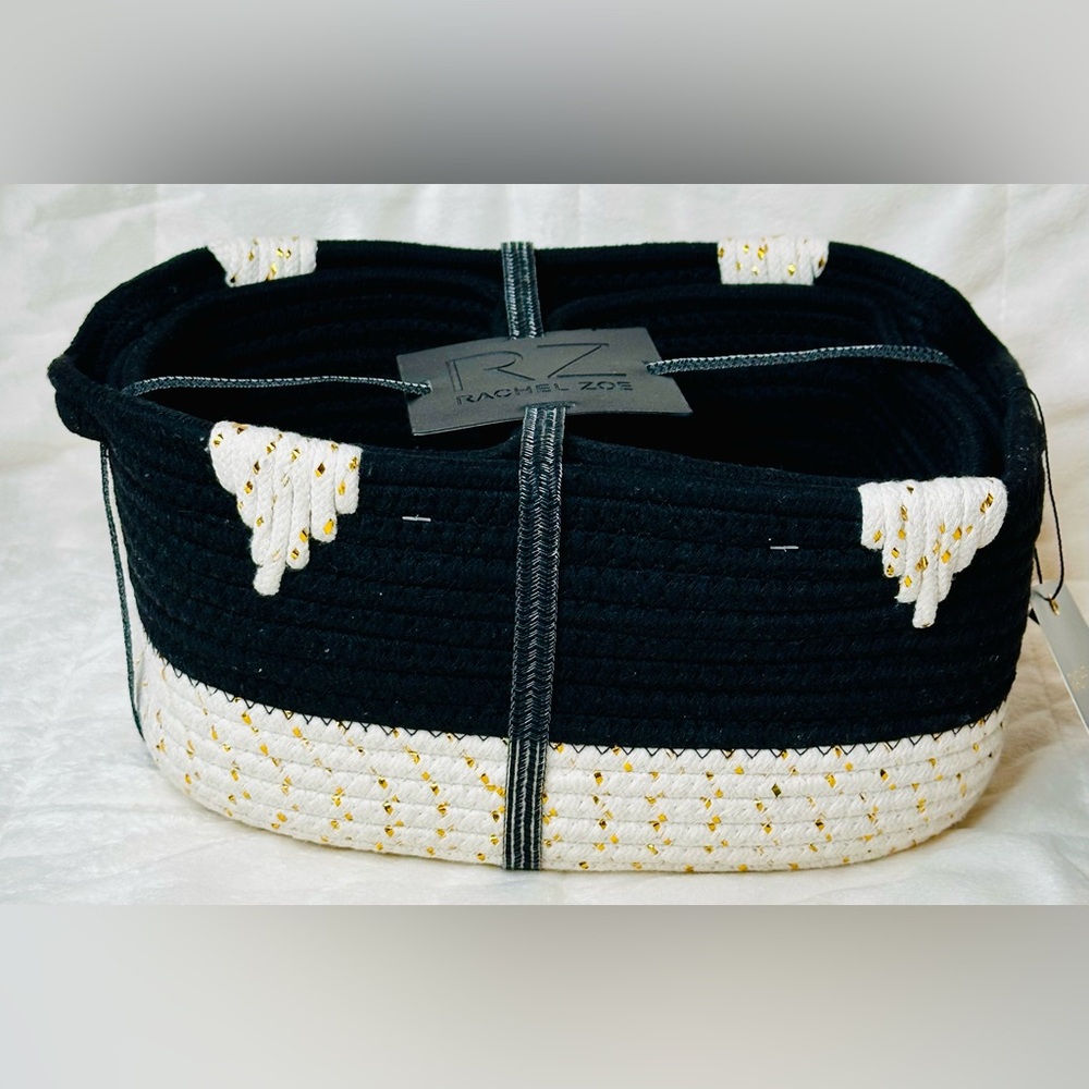 New Rachel Zoe Set Of 3 Cotton Rope Woven Baskets Black & White w/Gold Foil